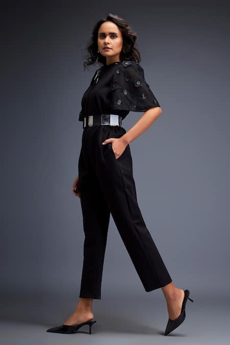 Deepika Arora_Black Polyester Embroidery Bandeau Neck Textured Applique Jumpsuit _Online_at_Aza_Fashions