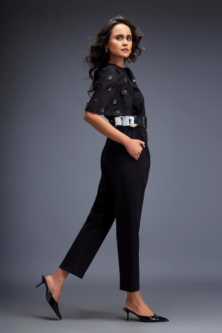 Shop_Deepika Arora_Black Polyester Embroidery Bandeau Neck Textured Applique Jumpsuit _Online_at_Aza_Fashions