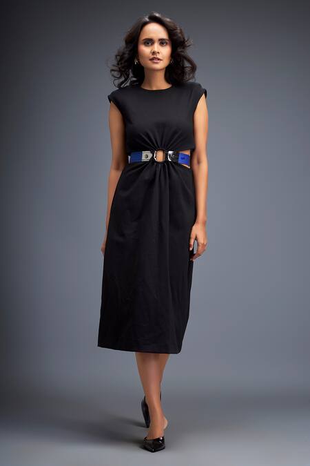 Buy_Deepika Arora_Black Round Neck Gathered Waist Midi Dress _Online_at_Aza_Fashions