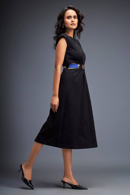 Shop_Deepika Arora_Black Round Neck Gathered Waist Midi Dress _Online_at_Aza_Fashions