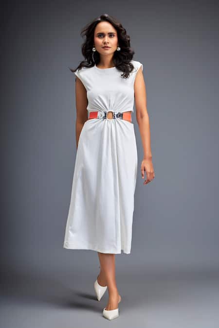Deepika Arora White Ponte Rama Plain Round Waist Gathered Dress