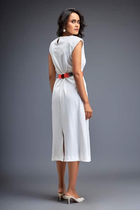 Shop Deepika Arora White Ponte Rama Plain Round Waist Gathered Dress at Aza Fashions Shop_Deepika Arora_White Ponte Rama Plain Round Waist Gathered Dress _at_Aza_Fashions