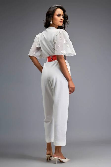 Deepika Arora_White Ponte Rama Leather Applique Collar Placement Embroidered Jumpsuit _Online_at_Aza_Fashions