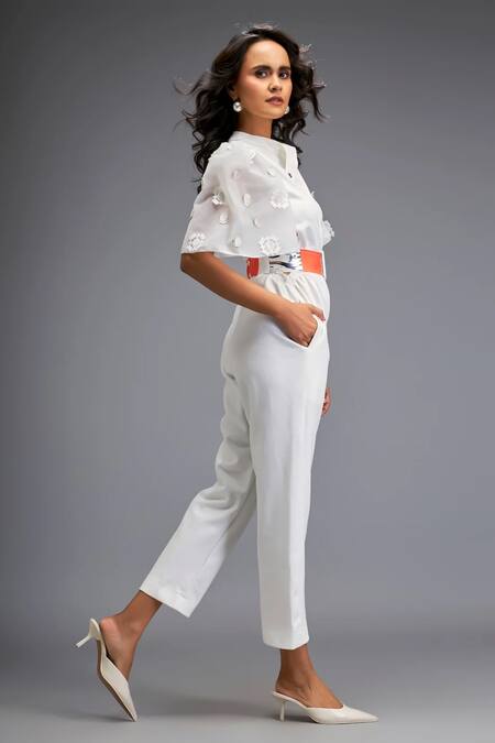 Buy_Deepika Arora_White Ponte Rama Leather Applique Collar Placement Embroidered Jumpsuit _Online_at_Aza_Fashions