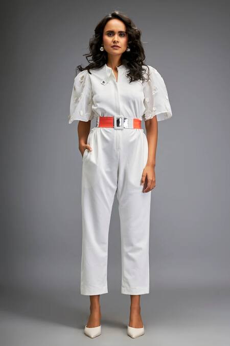 Shop_Deepika Arora_White Ponte Rama Leather Applique Collar Placement Embroidered Jumpsuit _Online_at_Aza_Fashions
