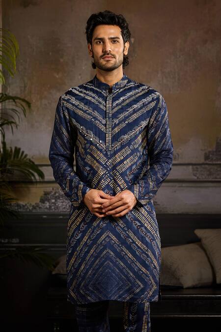 Diyarajvvir Blue Dola Silk, Lining Mul Chevron, Mirror, Zari Thread Print Kurta With Pant Online at Aza Fashions Diyarajvvir_Blue Dola Silk, Lining Mul Chevron, Mirror, Zari Thread Print Kurta With Pant _Online_at_Aza_Fashions