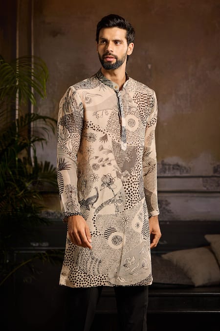 Diyarajvvir_Beige Organza, Cotton Abstract Floral Print Kurta Set _Online_at_Aza_Fashions