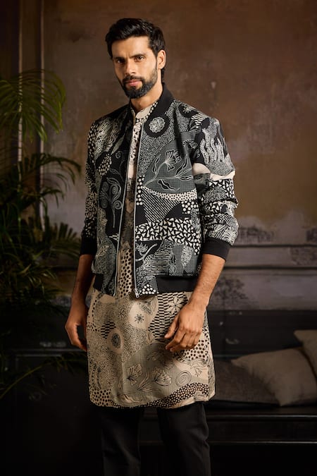 Shop Diyarajvvir Beige Cotton, Silk, Organza Embroidery Black Abstract Floral Bomber Jacket Set at Aza Fashions Shop_Diyarajvvir_Beige Cotton, Silk, Organza Embroidery Black Abstract Floral Bomber Jacket Set _at_Aza_Fashions
