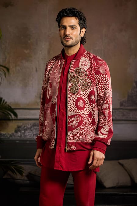 Diyarajvvir Maroon Cotton Silk, Banana Crepe, Solid Kurta Set With Embroidered Bomber Jacket Online at Aza Fashions Diyarajvvir_Maroon Cotton Silk, Banana Crepe, Solid Kurta Set With Embroidered Bomber Jacket _Online_at_Aza_Fashions