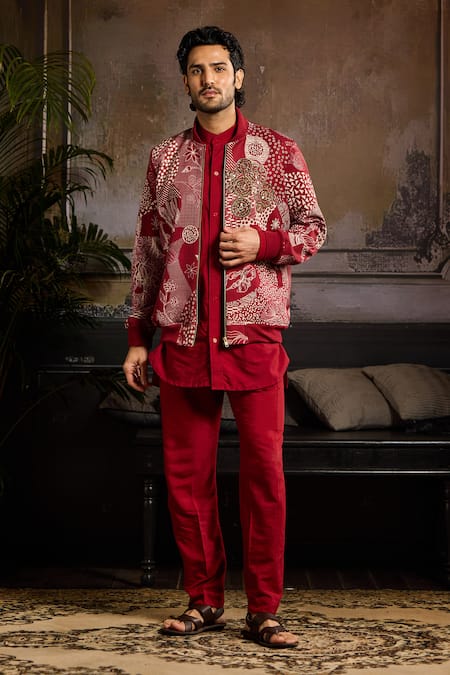 Shop Diyarajvvir Maroon Cotton Silk, Banana Crepe, Solid Kurta Set With Embroidered Bomber Jacket at Aza Fashions Shop_Diyarajvvir_Maroon Cotton Silk, Banana Crepe, Solid Kurta Set With Embroidered Bomber Jacket _at_Aza_Fashions