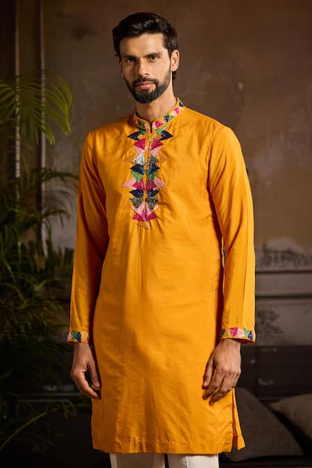 Diyarajvvir Yellow Cotton, Silk Embroidery Triangle Placket Kurta Set Online at Aza Fashions Diyarajvvir_Yellow Cotton, Silk Embroidery Triangle Placket Kurta Set _Online_at_Aza_Fashions