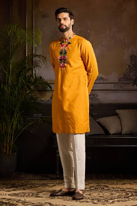 Shop Diyarajvvir Yellow Cotton, Silk Embroidery Triangle Placket Kurta Set at Aza Fashions Shop_Diyarajvvir_Yellow Cotton, Silk Embroidery Triangle Placket Kurta Set _at_Aza_Fashions
