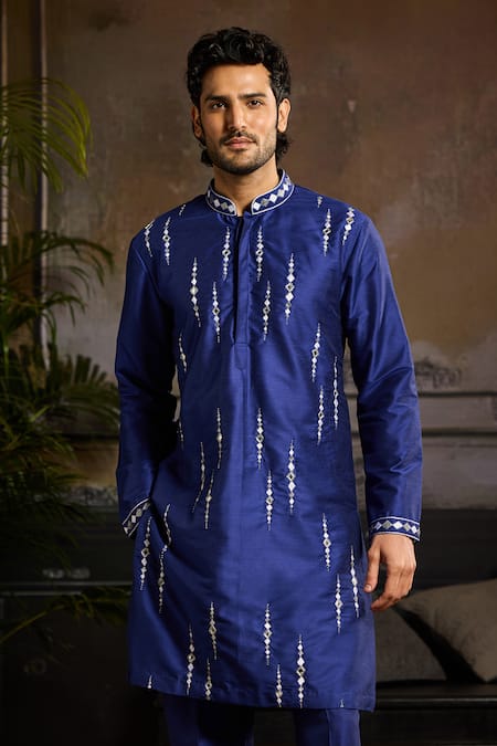 Diyarajvvir Blue Cotton Silk, Lining Mul Cutdana, Zari Mirror Stripe Embroidered Kurta Set Online at Aza Fashions Diyarajvvir_Blue Cotton Silk, Lining Mul Cutdana, Zari Mirror Stripe Embroidered Kurta Set _Online_at_Aza_Fashions