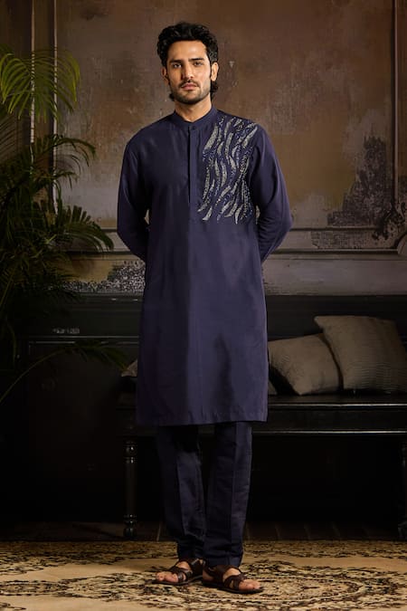 Shop Diyarajvvir Blue Cotton, Silk Cut Work Wave Embroidered Kurta Set at Aza Fashions Shop_Diyarajvvir_Blue Cotton, Silk Cut Work Wave Embroidered Kurta Set _at_Aza_Fashions