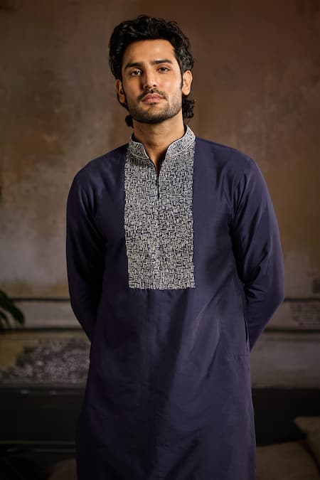 Diyarajvvir Blue Cotton Silk Cutdana, Zari Embroidered Placket Kurta With Pant Online at Aza Fashions Diyarajvvir_Blue Cotton Silk Cutdana, Zari Embroidered Placket Kurta With Pant _Online_at_Aza_Fashions