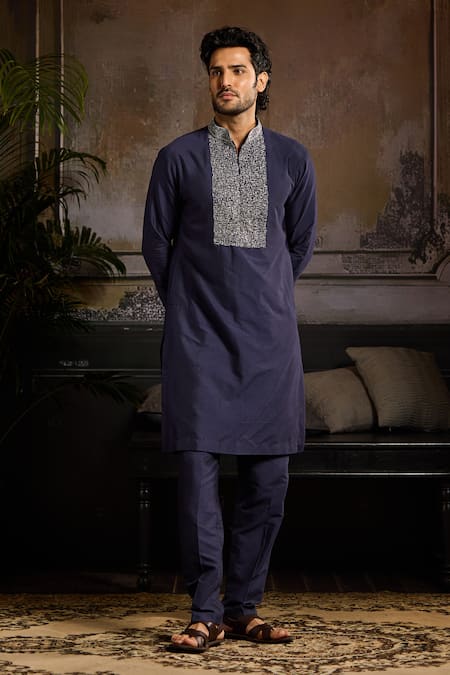 Shop Diyarajvvir Blue Cotton Silk Cutdana, Zari Embroidered Placket Kurta With Pant at Aza Fashions Shop_Diyarajvvir_Blue Cotton Silk Cutdana, Zari Embroidered Placket Kurta With Pant _at_Aza_Fashions