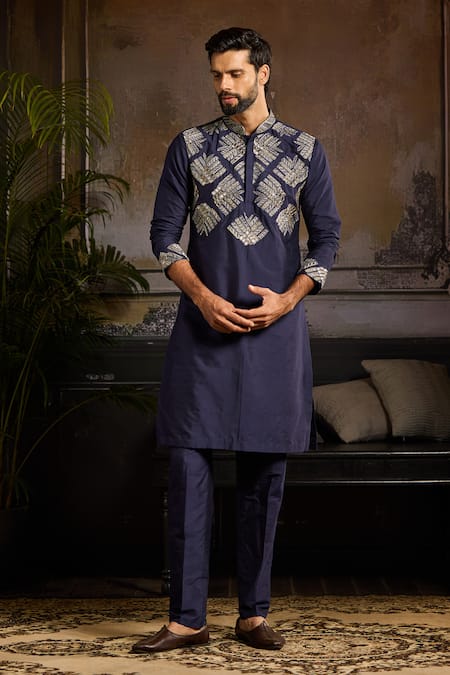 Shop Diyarajvvir Blue Cotton, Silk Cut Work, Zari Embroidered Fan Pattern Kurta And Pant Set at Aza Fashions Shop_Diyarajvvir_Blue Cotton, Silk Cut Work, Zari Embroidered Fan Pattern Kurta And Pant Set _at_Aza_Fashions