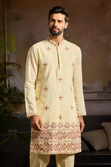Diyarajvvir Yellow Cotton, Silk Cut Work Floral Tribal Embroidered Kurta Set Online at Aza Fashions Diyarajvvir_Yellow Cotton, Silk Cut Work Floral Tribal Embroidered Kurta Set _Online_at_Aza_Fashions