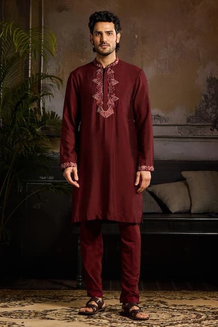 Shop Diyarajvvir Maroon Cotton Silk Cutdana, Triangular Embroidered Pattern Kurta With Pant at Aza Fashions Shop_Diyarajvvir_Maroon Cotton Silk Cutdana, Triangular Embroidered Pattern Kurta With Pant _at_Aza_Fashions