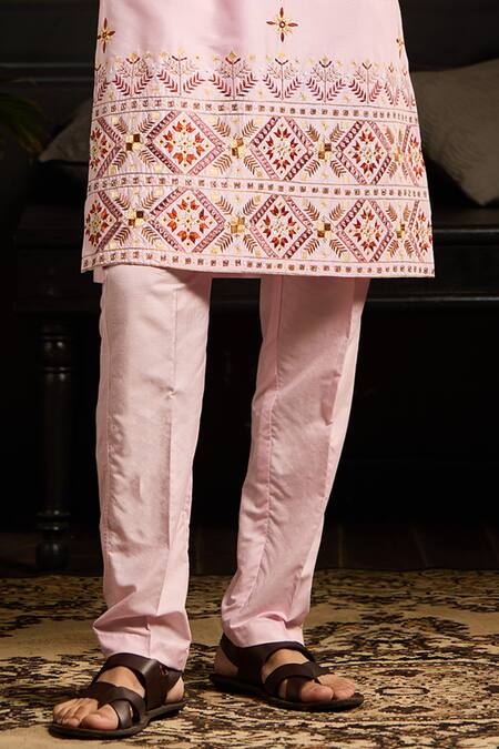 Diyarajvvir Pink Cotton Silk Cutdana, Thread Tribal Embroidered Kurta With Pant Online at Aza Fashions Diyarajvvir_Pink Cotton Silk Cutdana, Thread Tribal Embroidered Kurta With Pant _Online_at_Aza_Fashions