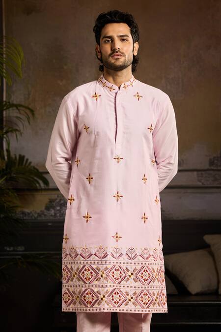 Buy Diyarajvvir Pink Cotton Silk Cutdana, Thread Tribal Embroidered Kurta With Pant Online at Aza Fashions Buy_Diyarajvvir_Pink Cotton Silk Cutdana, Thread Tribal Embroidered Kurta With Pant _Online_at_Aza_Fashions