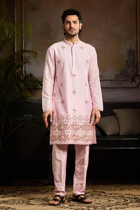 Shop Diyarajvvir Pink Cotton Silk Cutdana, Thread Tribal Embroidered Kurta With Pant at Aza Fashions Shop_Diyarajvvir_Pink Cotton Silk Cutdana, Thread Tribal Embroidered Kurta With Pant _at_Aza_Fashions