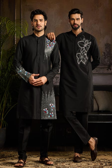Shop_Diyarajvvir_Black Cotton, Silk Embroidery Cutdana Kurta Set _Online_at_Aza_Fashions