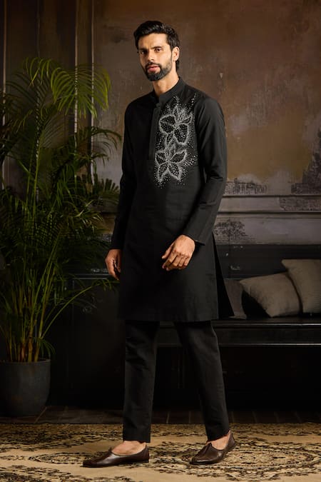 Shop_Diyarajvvir_Black Cotton, Silk Embroidery Cutdana Kurta Set _at_Aza_Fashions