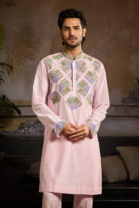 Buy Diyarajvvir Pink Cotton Silk Cutdana, Thread Fan Embroidered Placement Kurta With Pant Online at Aza Fashions Buy_Diyarajvvir_Pink Cotton Silk Cutdana, Thread Fan Embroidered Placement Kurta With Pant _Online_at_Aza_Fashions