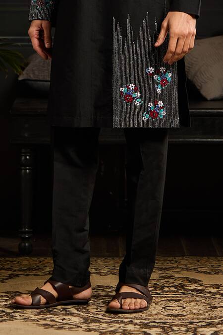 Diyarajvvir Black Cotton Silk Cutdana, Sequin, Placed Floral Embroidered Kurta With Pant Online at Aza Fashions Diyarajvvir_Black Cotton Silk Cutdana, Sequin, Placed Floral Embroidered Kurta With Pant _Online_at_Aza_Fashions