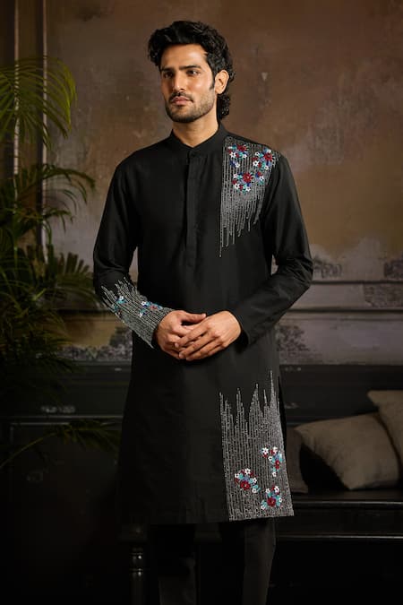 Buy Diyarajvvir Black Cotton Silk Cutdana, Sequin, Placed Floral Embroidered Kurta With Pant Online at Aza Fashions Buy_Diyarajvvir_Black Cotton Silk Cutdana, Sequin, Placed Floral Embroidered Kurta With Pant _Online_at_Aza_Fashions