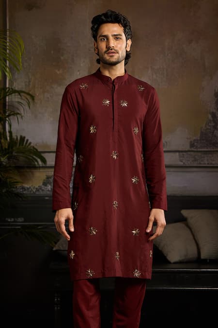 Diyarajvvir Maroon Cotton, Silk Sequins, Beads Metallic Butti Embroidered Kurta Set Online at Aza Fashions Diyarajvvir_Maroon Cotton, Silk Sequins, Beads Metallic Butti Embroidered Kurta Set _Online_at_Aza_Fashions