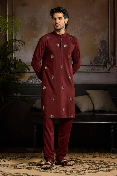 Shop Diyarajvvir Maroon Cotton, Silk Sequins, Beads Metallic Butti Embroidered Kurta Set at Aza Fashions Shop_Diyarajvvir_Maroon Cotton, Silk Sequins, Beads Metallic Butti Embroidered Kurta Set _at_Aza_Fashions