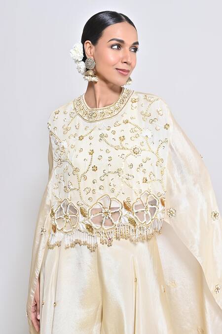 Keith Gomes_Ivory Silk Tissue Cutwork, Sequin, Bead, Motif Hand Embroidered Palazzo Set _Online_at_Aza_Fashions