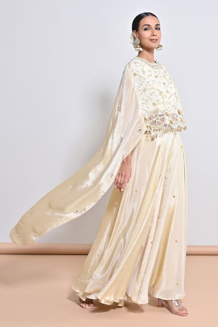 Buy_Keith Gomes_Ivory Silk Tissue Cutwork, Sequin, Bead, Motif Hand Embroidered Palazzo Set _Online_at_Aza_Fashions