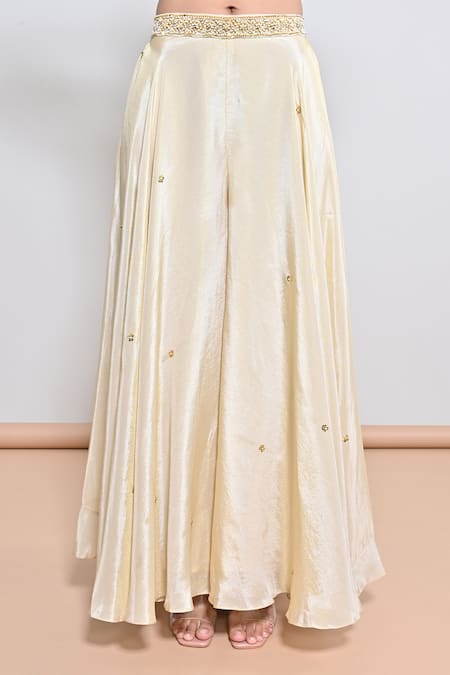 Shop_Keith Gomes_Ivory Silk Tissue Cutwork, Sequin, Bead, Motif Hand Embroidered Palazzo Set _Online_at_Aza_Fashions