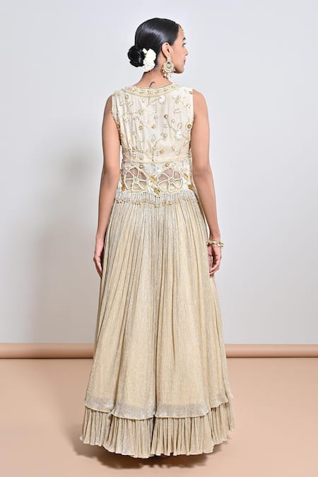 Shop_Keith Gomes_Ivory Silk Organza, Shimmer Chiffon Cutwork, Motif Hand Embroidered Lehenga Set _at_Aza_Fashions