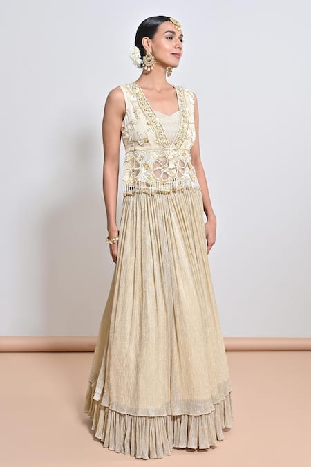 Keith Gomes_Ivory Silk Organza, Shimmer Chiffon Cutwork, Motif Hand Embroidered Lehenga Set _Online_at_Aza_Fashions