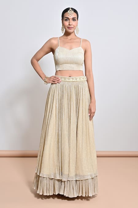 Shop_Keith Gomes_Ivory Silk Organza, Shimmer Chiffon Cutwork, Motif Hand Embroidered Lehenga Set _Online_at_Aza_Fashions