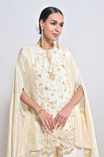 KEITH GOMES_Ivory Silk Tissue Cutwork, Motif Embroidered Asymmetric Tunic With Palazzo _Online_at_Aza_Fashions