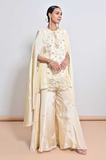 Buy_KEITH GOMES_Ivory Silk Tissue Cutwork, Motif Embroidered Asymmetric Tunic With Palazzo _Online_at_Aza_Fashions