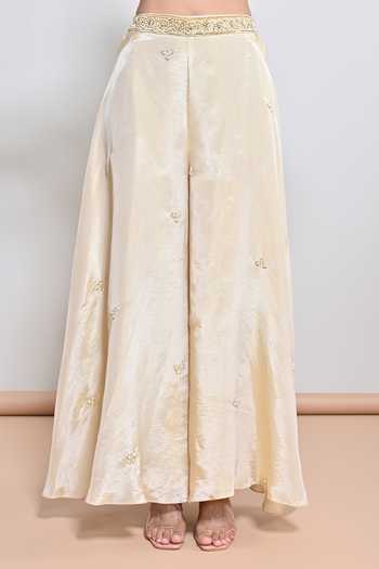 Shop_KEITH GOMES_Ivory Silk Tissue Cutwork, Motif Embroidered Asymmetric Tunic With Palazzo _Online_at_Aza_Fashions