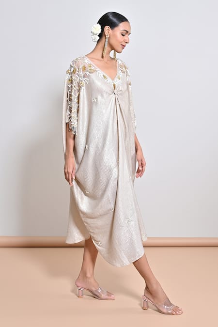 Keith Gomes_Ivory Shimmer Foil Crepe Sequin, Bead, Flower V Neck Hand Embroidered Kaftan _Online_at_Aza_Fashions
