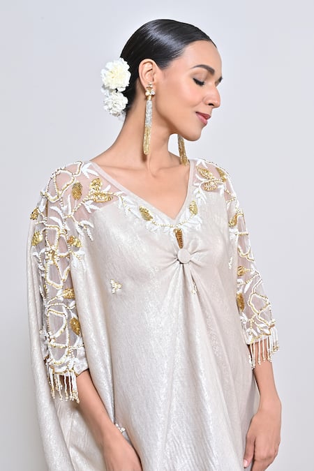 Buy_Keith Gomes_Ivory Shimmer Foil Crepe Sequin, Bead, Flower V Neck Hand Embroidered Kaftan _Online_at_Aza_Fashions