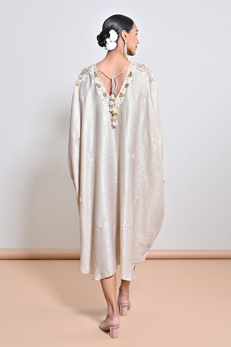 Shop_Keith Gomes_Ivory Shimmer Foil Crepe Sequin, Bead, Flower V Neck Hand Embroidered Kaftan _at_Aza_Fashions