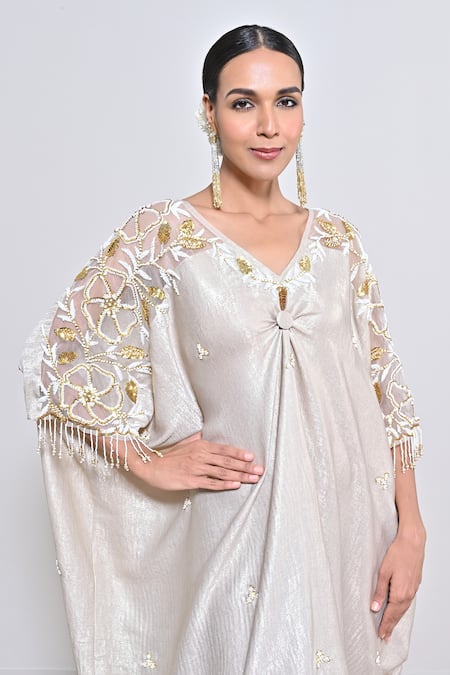 Shop_Keith Gomes_Ivory Shimmer Foil Crepe Sequin, Bead, Flower V Neck Hand Embroidered Kaftan _Online_at_Aza_Fashions