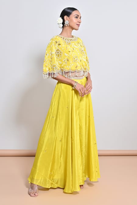 Buy_Keith Gomes_Yellow Silk Sequins, Beads, Tassels Hand Embroidered Cape Palazzo Set _Online_at_Aza_Fashions
