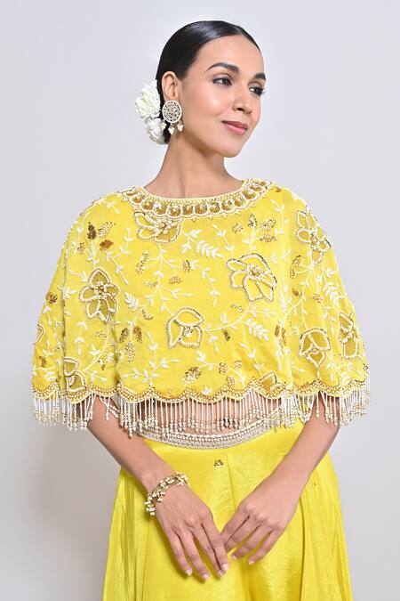 Shop_Keith Gomes_Yellow Silk Sequins, Beads, Tassels Hand Embroidered Cape Palazzo Set _Online_at_Aza_Fashions