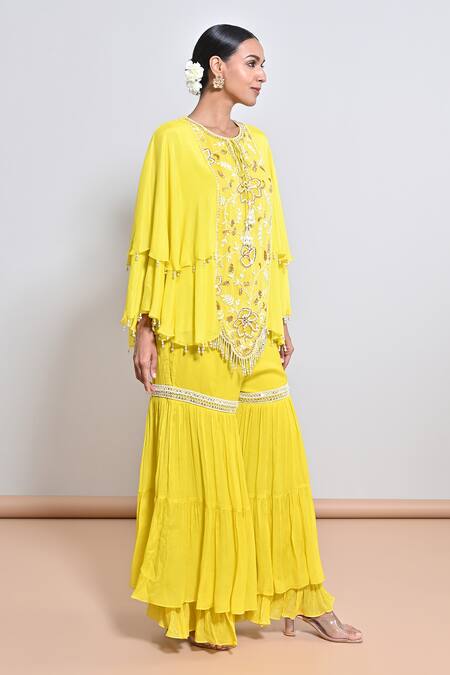 Keith Gomes_Yellow Chiffon Crepe Cutwork, Sequin, Bead, Hand Embroidered Tunic And Gharara Set _Online_at_Aza_Fashions
