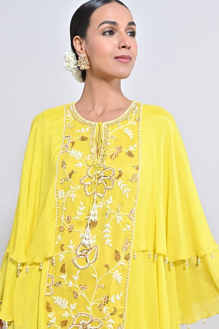 Buy_Keith Gomes_Yellow Chiffon Crepe Cutwork, Sequin, Bead, Hand Embroidered Tunic And Gharara Set _Online_at_Aza_Fashions